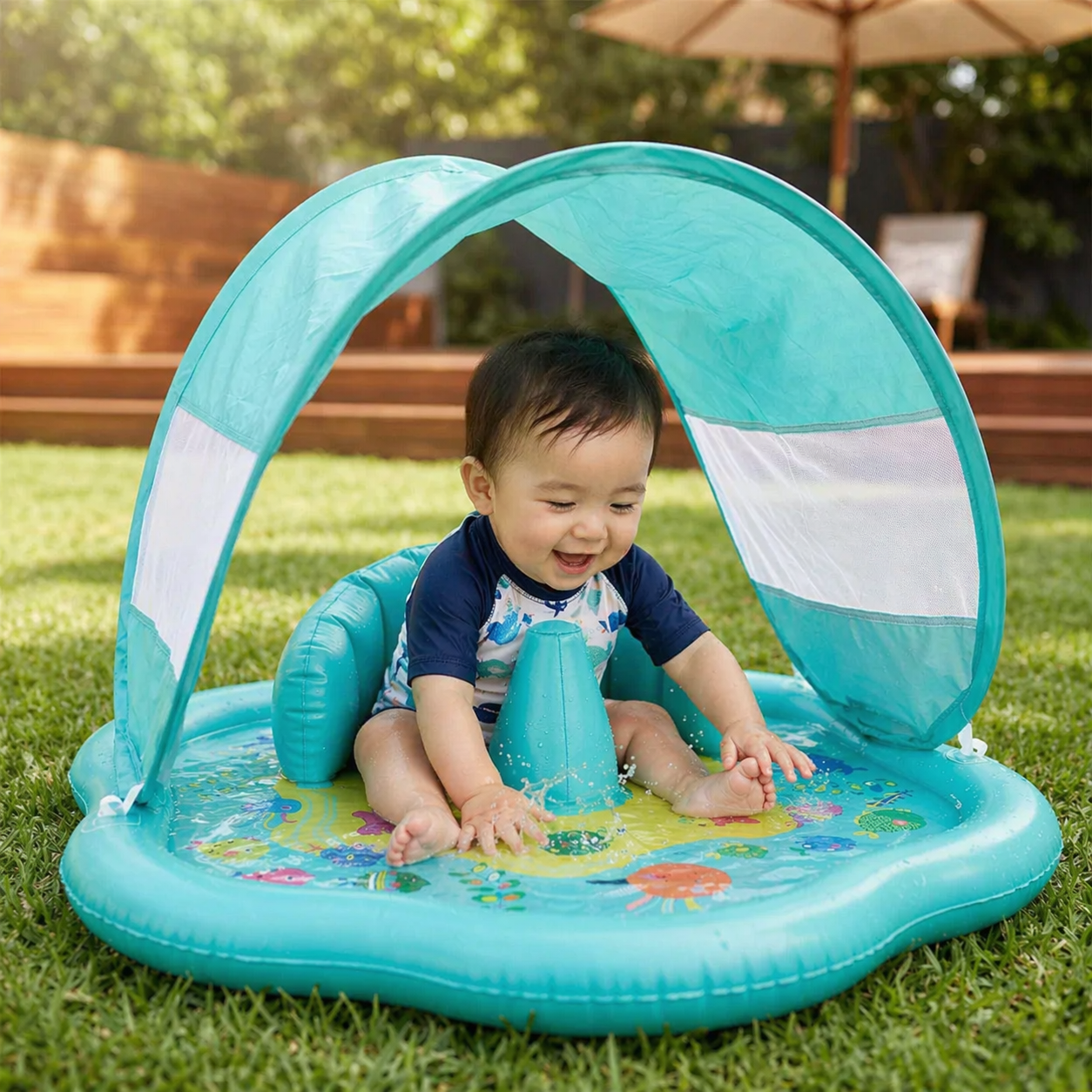日よけキャノピー付き ベビー用ウォータープレイマット(空気式)|赤ちゃん・幼児の水遊びに最適